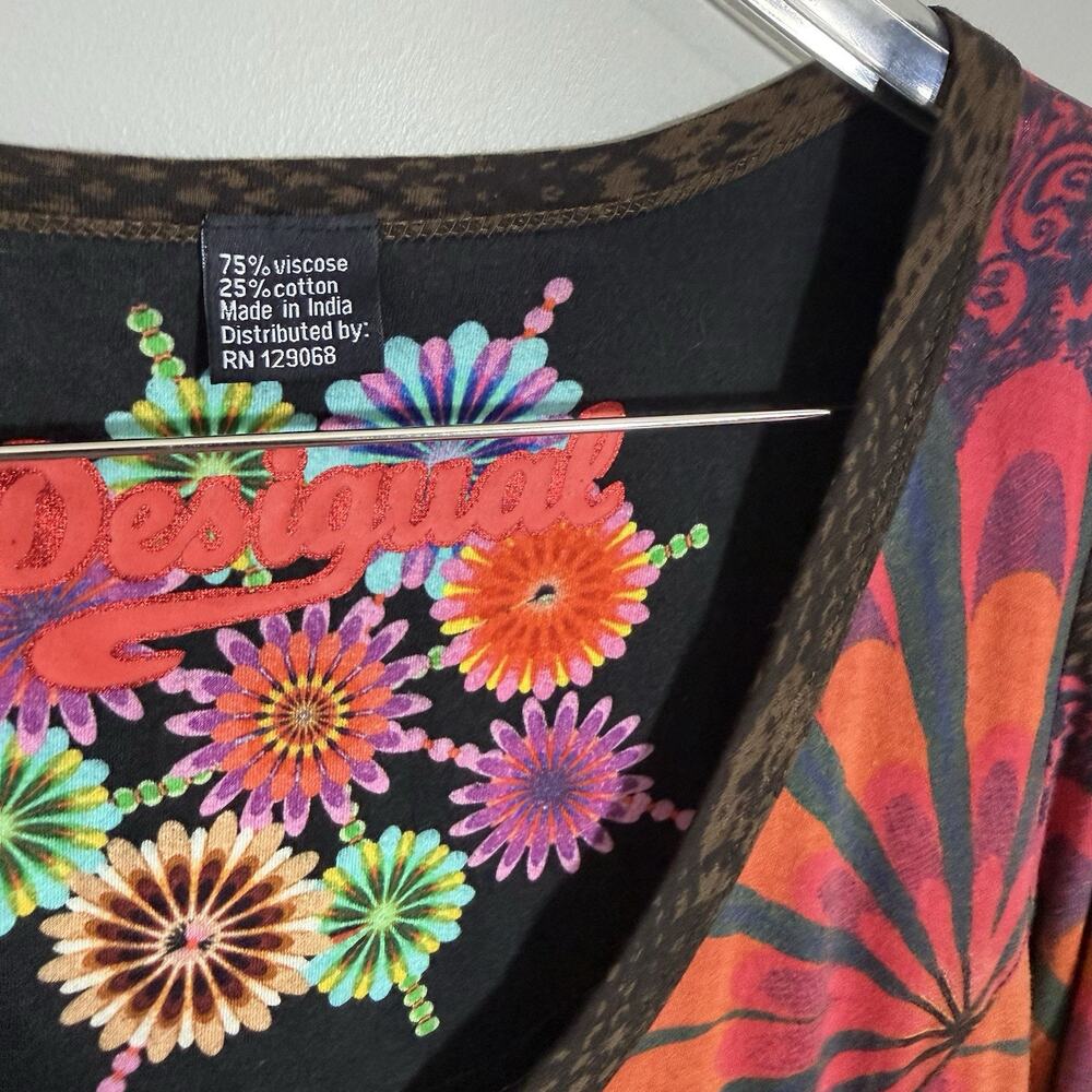 Desigual Top V-neck Floral Embroidered Hippie Boho Gypsy S Asymmetrical Hem - Picture 5 of 6